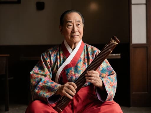 이 이미지는 화려한 한복을 입은 80대 혼혈 남성이 아늑한 카페에서 다리를 꼬고 앉아 전통 악기를 들고 있는 모습을 담고 있습니다. 피곤한 표정이지만 춤의 즐거움을 느끼고 있어 따뜻하고 매력적인 분위기가 전통과 현대의 매력을 잘 어우르고 있습니다.