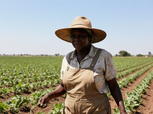 넓은 농장을 가로질러 농작물을 수확하며 걷고 있는 50대 아프리카계 여성의 반신 샷. 작업복과 모자를 착용하고 있으며, 진지한 표정으로 결단력을 나타내고 있습니다. 배경은 푸른 하늘 아래 무성한 농작물로 가득한 모습입니다.