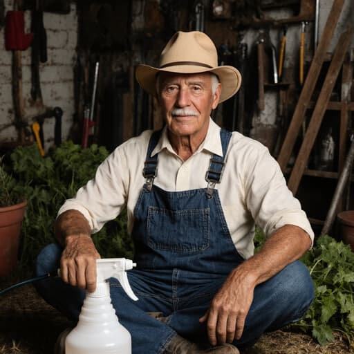 자연스러운 외모를 가진 60대 혼혈 남성이 간편한 농업용 의상과 모자를 쓰고 크로스 레그로 앉아 있습니다. 농작물과 도구들이 정돈된 농장 작업 공간에서 농약 분무기를 들고 있으며, 전문성과 편안함이 느껴지는 모습입니다.