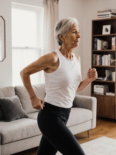 70대 혼혈 여성이 편안한 운동복을 입고 지루한 표정으로 넓고 아늑한 거실에서 달리고 있는 전체 모습의 사진, 배경에는 소파와 책장이 있습니다.