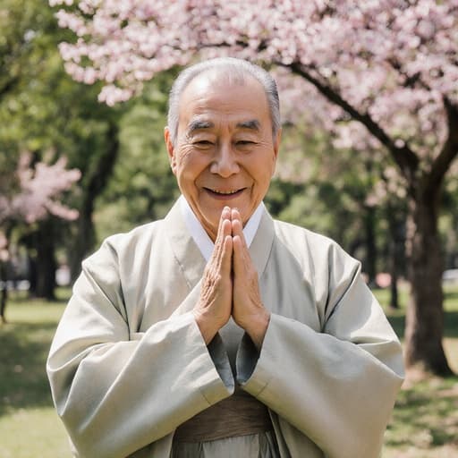 70대 백인 남성이 고급스러운 전통 한복을 입고, 친근한 표정으로 따뜻한 미소를 지으며 두 손을 모아 인사하는 자세로 고개를 약간 숙이고 있는 반신 샷입니다. 배경은 나무와 꽃들로 가득한 아름다운 공원으로, 자연 친화적인 환경이 전체적인 따뜻함을 더하고 있습니다.