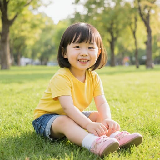 3살 한국인 여아의 반신 사진으로, 귀엽고 사랑스러운 외모를 가진 그녀는 화사한 색상의 티셔츠와 반바지를 입고 공원 잔디 위에 앉아 있습니다. 그녀는 예쁜 신발을 신기 위해 기다리고 있으며, 밝은 표정으로 행복하게 웃고 있습니다. 푸른 잔디와 나무로 둘러싸인 따뜻한 햇살이 비치는 장면입니다.