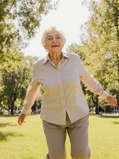 70대 중동계 여성이 캐주얼 복장을 입고 햇살이 비치는 공원에서 점프하는 모습, 무관심한 표정을 지으며 가족과의 이야기 속의 순간을 즐기는 듯한 자연스러운 모습이 평화로운 자연 배경 속에 담겨 있습니다.