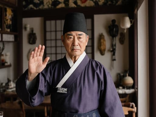 70대 한국인 남성이 전통 한복을 입고 걱정스러운 표정을 지으며 춤추는 자세를 취하고 있습니다. 그의 주변은 전통 한국 소품들로 가득 찬 카페 내부로, 문화적인 분위기를 더욱 강조하고 있습니다.