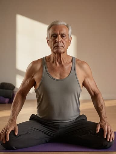 60대 혼혈 남성이 편안한 요가복을 착용하고, 요가 매트 위에서 운동하며 안정된 표정을 짓고 있는 반신 사진. 부드러운 조명으로 아늑한 요가 수업실에서 촬영됨.