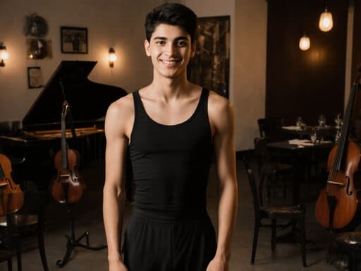 중동계의 젊은 남성이 현대적인 무용복을 입고 아늑한 카페에서 자신감 있게 서 있습니다. 자연스러운 미소가 따뜻함을 전하며, 한쪽 발을 살짝 앞으로 내딛고 팔은 편안하게 늘어뜨린 자세로, 따뜻한 조명과 음악 악기들로 둘러싸인 생기 넘치는 분위기를 만들어냅니다.