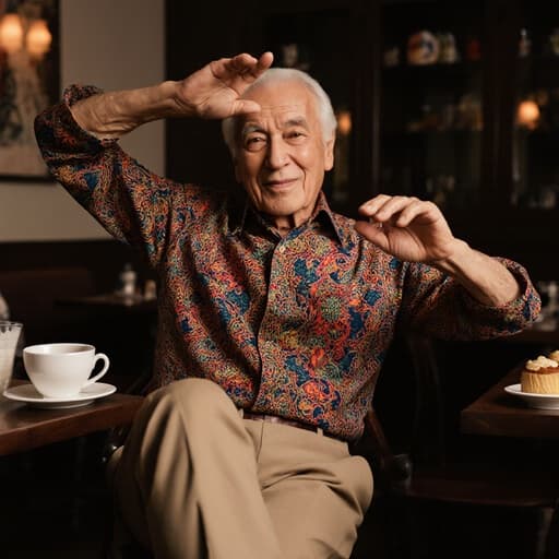 70대 유럽계 남성이 전통 춤복을 입고 앉아있는 반신 샷. 그는 카페에서 편안하고 즐거운 표정을 지으며 전통 춤의 동작을 표현하고 있습니다. 주변에는 커피와 디저트가 놓여 있습니다.