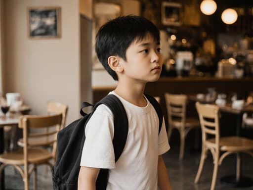 7세 동양인 남성이 자연스러운 외모를 가지고, 편안한 티셔츠와 반바지를 입고 있는 반신 사진입니다. 졸린 표정을 지으며 약간 지친 모습으로 테이블과 의자가 배치된 아늑한 카페 안을 걷고 있으며 가방을 메고 있습니다. 따뜻한 조명이 초대하는 분위기를 연출합니다.