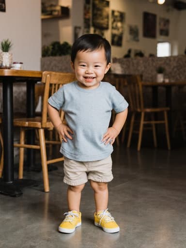 아늑한 카페 환경에서 손을 허리에 얹고 장난스러운 미소를 지으며 서 있는 1세 남성 동양인의 반신 사진.