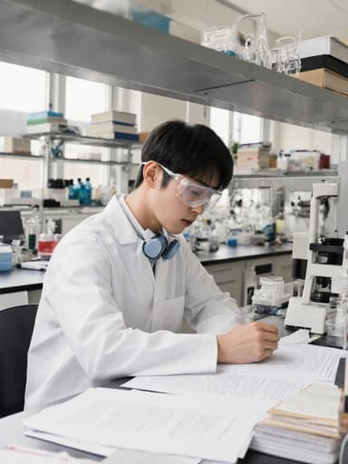 하얀 실험복과 보호 안경을 쓴 한국인 10대 남성이 밝은 실험실의 책상에 편안하게 앉아 자료를 지루하게 바라보고 있습니다. 실험실은 잘 정리되어 있으며 여러 가지 실험기구가 놓여 있고, 창문을 통해 햇빛이 들어와 차분한 분위기를 더합니다.