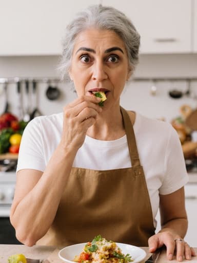 40대 중동계 여성의 반신 사진으로, 자연스러운 외모와 당황한 표정이 강조되어 있습니다. 그녀는 편안한 주방 의상인 앞치마와 티셔츠를 입고, 주방 작업대에서 음식을 맛보며 가방을 메고 있습니다. 배경은 다양한 재료와 조리 도구가 배치된 깔끔한 주방 작업대로, 따뜻하고 아늑한 분위기를 만들어냅니다.