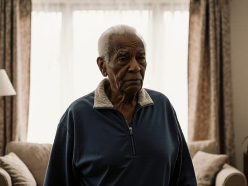 80대 흑인 남성이 편안한 트레이닝복과 운동화를 입고, 걱정스러운 표정을 지으며 천천히 걸어가고, 주위를 둘러보는 모습의 반신 사진. 자연광이 들어오는 아늑한 거실이 따뜻한 분위기를 연출합니다.