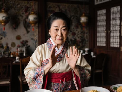 70대 혼혈 여성이 전통 한복을 입고 외로운 표정을 지으며 음식을 준비하고 있는 모습의 반신 촬영. 한국 전통 장식이 걸린 아늑한 전통 카페 내부가 따뜻하고 초대하는 분위기를 만들어냅니다.