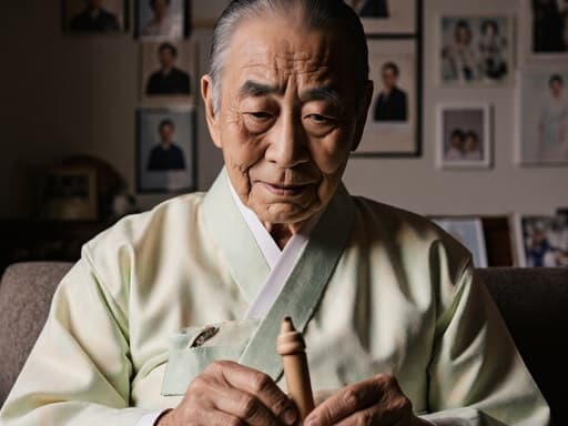 부드러운 파스텔 톤의 한복을 입고 전통 놀이 도구를 들고 소파에 앉아 있는 80대 한국인 남성의 반신 샷. 친근하면서도 피곤한 표정, 눈가의 깊은 주름과 미소가 따뜻함을 전합니다. 가족 사진으로 장식된 아늑한 거실이 향수를 더하는 분위기를 연출합니다.