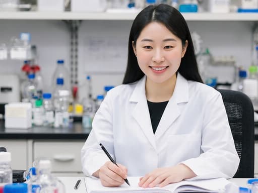 30대 한국인 여성의 반신 사진으로, 흰색 실험복과 검은색 바지를 착용한 채 실험실의 책상에 앉아 있습니다. 그녀는 자연스러운 미소를 지으며 연구 노트를 바라보고 펜을 들고 있어, 정리된 과학 기구와 화학 물질로 둘러싸인 학구적이고 친근한 분위기를 연출합니다.