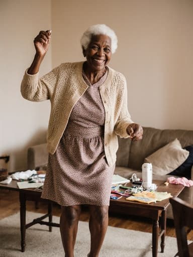 아늑한 거실에서 80대 아프리카계 여성 모델이 편안한 원피스와 니트 스웨터를 입고 바느질 도구를 들고 점프하며 만족스러운 미소를 짓고 있는 모습의 전신 샷입니다. 배경에는 다양한 바느질 재료들이 놓인 테이블이 있어 따뜻하고 매력적인 분위기를 자아냅니다.