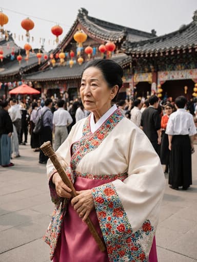 70대 한국인 여성이 화려한 자수가 장식된 전통 한복을 입고 있는 반신 샷입니다. 그녀는 걱정스러운 표정으로 주변을 바라보고 있으며, 한 손에는 전통 악기를 들고 다른 손은 우아한 춤 자세를 취하고 있습니다. 배경은 전통 축제가 열리는 마을 광장으로, 화려한 장식과 함께 사람들로 가득 차 있습니다.