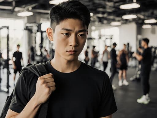 자연스러운 외모의 혼혈 남자 아이가 체육관에서 자신감 있게 서 있습니다. 그는 어깨에 스포츠 가방을 메고, 다가오는 경기를 준비하며 집중한 표정을 짓고 있습니다. 배경에는 다양한 운동 기구와 함께 훈련 중인 선수들이 있어 활기찬 분위기를 더합니다.