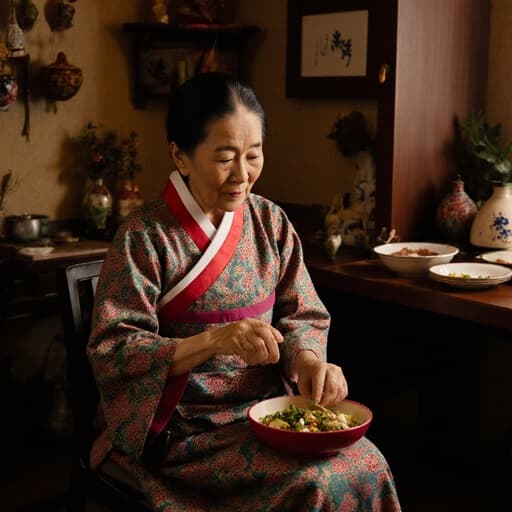 70대 동양인 여성으로, 전통적인 한복을 입고 아늑한 카페에 앉아 전통 음식을 만들기 위해 재료를 다루고 있습니다. 따뜻하고 초대하는 분위기로, 음식의 문화적 중요성을 반영한 장식들이 있습니다.