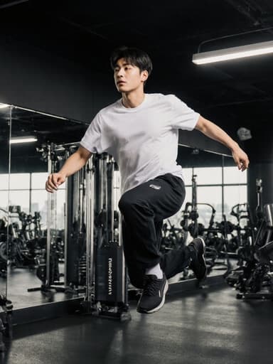 헬스장에서 운동복을 입은 10대 후반의 한국인 남성 모델이 다양한 운동 기구와 거울 사이에서 점프하는 모습이 담겨 있으며, 그는 고민하는 표정을 짓고 있습니다.