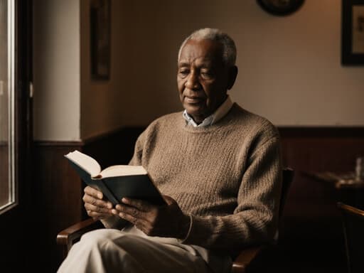아늑한 카페에서 편안한 니트 스웨터와 슬랙스를 입고 있는 80대 아프리카계 남성의 평온한 반신 사진. 그는 책을 읽는 데 몰입하며 조용히 페이지를 넘기고 있습니다. 따뜻하고 초대하는 분위기 속에서 그의 모습이 돋보입니다.