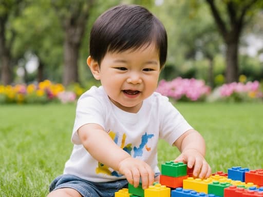 귀엽고 활기찬 1세 남자 아기(동양인)가 편안한 티셔츠와 반바지를 입고, 손을 뻗어 다양한 색상의 레고 블록을 조립하려고 하는 모습의 클로즈업 사진입니다. 배경은 푸른 잔디가 깔린 공원으로, 나무와 꽃들이 둘러싸여 있어 어린 시절 놀이의 즐거움을 강조하는 활기차고 기분 좋은 분위기를 연출합니다.