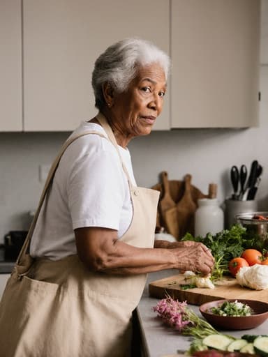 60대 혼혈 여성의 반신 사진으로, 편안한 주방용 앞치마와 캐주얼한 티셔츠를 착용하며 가방을 메고 요리 재료를 준비하는 모습입니다. 피곤한 표정이지만 요리에 대한 열정이 담긴 눈빛이 인상적이며, 깔끔하게 정돈된 주방 배경에서 다양한 조리 도구와 재료가 있습니다.