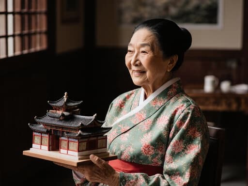 80대 아시아계 여성의 반신 사진으로, 화사한 전통 한복을 입고 따뜻하게 미소 지으며 전통 건축 모형을 감상하는 모습이 아늑한 카페의 전통 인테리어와 함께 담겨 있습니다.