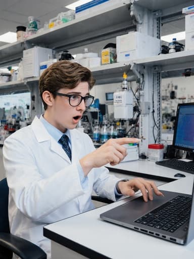 최첨단 분석실에 앉아 있는 10대 후반의 유럽계 남성이 실험실 가운과 안경을 착용하고 있습니다. 그는 놀란 표정으로 눈을 크게 뜨고 노트북 화면을 가리키며, 보여지는 데이터에 몰입하고 있습니다. 배경에는 다양한 연구 장비와 데이터 화면이 있어 활기찬 과학적 분위기를 조성하며 발견의 감각을 더욱 강조합니다.