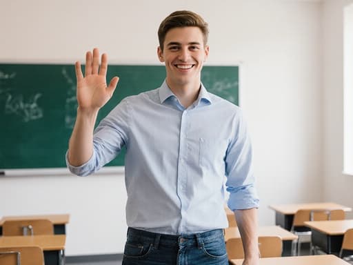 20대 유럽계 남성이 깔끔한 셔츠와 청바지를 입고 활기찬 미소를 지으며 친근하게 손을 흔드는 모습이 반신 사진으로 담겨 있습니다. 배경은 책상과 칠판이 있는 밝고 깨끗한 강의실로, 친근하고 생기 넘치는 분위기를 연출하고 있습니다.