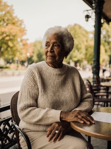 70대의 흑인 여성으로, 편안한 니트 스웨터와 캐주얼한 바지를 착용하고 카페 테이블에 손을 올린 채로 주변 공원 풍경을 여유롭게 바라보고 있는 모습의 반신 사진입니다. 따뜻한 분위기가 평화로운 성찰의 느낌을 전달합니다.