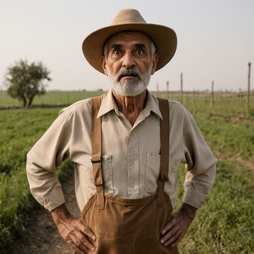 중동계 60대 남성이 전통 농부 작업복을 입고 손을 허리에 얹고 서 있으며, 놀란 표정을 짓고 있습니다. 배경은 푸른 들판과 몇 그루의 나무가 있는 평화로운 농장 풍경입니다.