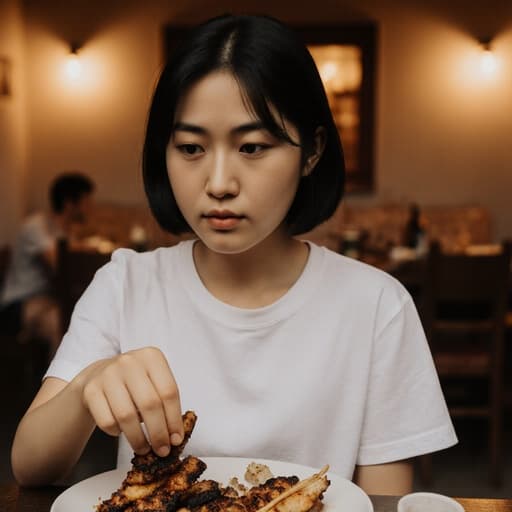10대 초반의 아시아계 소녀가 캐주얼한 티셔츠와 반바지를 입고, 아늑한 다이닝룸의 따뜻한 조명 아래에서 바베큐 음식을 바라보며 고민하는 표정을 짓고 있는 모습으로, 음식과 자연스럽게 상호작용하는 장면입니다.