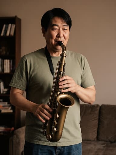 50대 동양인 남성이 편안한 티셔츠와 청바지를 입고 아늑한 거실에 서 있는 반신 사진입니다. 그는 악기를 연주하는 데 깊이 몰입하고 있으며, 그의 열정적인 표정은 음악에 대한 헌신을 보여줍니다. 배경에는 소파와 책장이 있어 그의 강렬한 음악적 몰입을 잘 어우르는 따뜻한 분위기를 만들어냅니다.