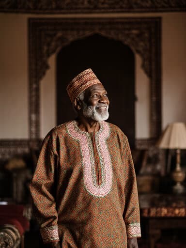 이 이미지는 전통 의상을 입은 70대 아프리카계 남성이 문화적으로 풍부한 거실에서 서 있는 전신 사진을 특징으로 합니다. 그는 건축 구조물에 감탄하며 따뜻한 미소를 지으며 편안함과 기쁨을 표현하고 있으며, 아프리카 유산을 반영하는 요소들로 둘러싸여 있습니다.