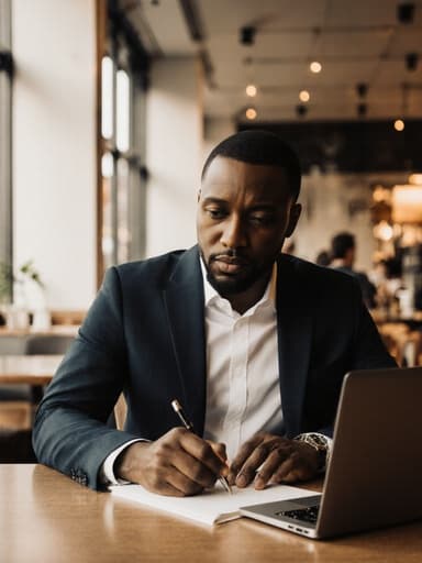 40대의 자연스러운 외모와 매력적인 표정을 가진 흑인 남성이 모던한 카페 테이블에 앉아 있는 반신 사진입니다. 그는 세련된 비즈니스 캐주얼 의상을 입고 있으며, 노트북을 바라보며 메모를 하고 있습니다. 창을 통해 들어오는 햇빛이 밝은 분위기를 만들어내며 세련된 카페 인테리어를 강조하고 있습니다.