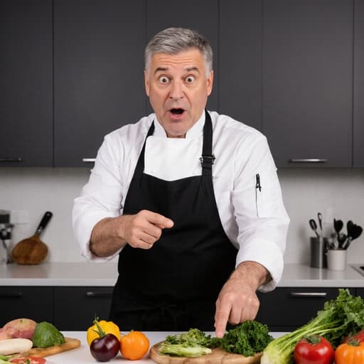 50대 유럽계 남성이 셰프 복장을 하고 현대적인 주방 조리대에서 신선한 재료를 살펴보며 놀란 표정을 짓고 있는 모습, 친근하고 매력적인 분위기를 연출합니다.