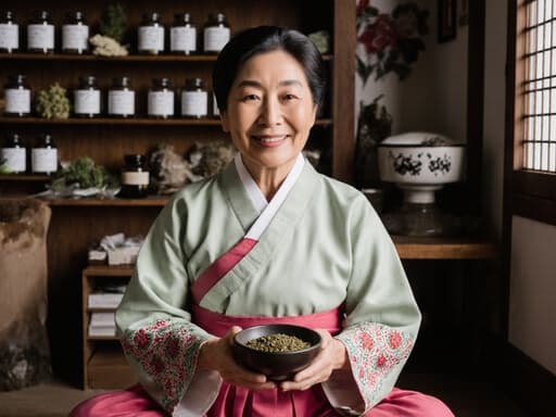 60대 혼혈 여성이 화려한 자수가 새겨진 전통 한복을 입고, 크로스 레그로 앉아 한약재가 담긴 작은 그릇을 들고 편안한 미소를 짓고 있는 모습. 배경은 한약재와 도구들이 잘 정리된 전통 한의원 내부이다.