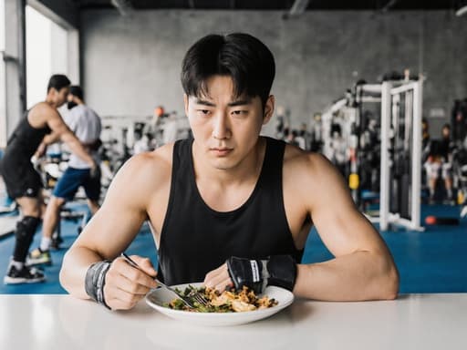 30대 건강한 체격의 한국 남성이 세련된 운동복을 입고 반신을 촬영한 모습입니다. 그는 운동 기구와 훈련하는 선수들이 보이는 활기찬 스포츠 센터의 식탁에 앉아 있습니다. 한 손에 포크를 들고, 음식을 먹으며 집중하고 걱정스러운 표정을 짓고 있습니다. 이 장면은 피트니스 중심의 라이프스타일을 잘 보여주며, 운동선수들이 자주 보이는 헌신과 집중을 강조합니다.