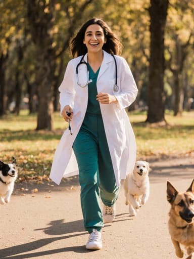 중동계 젊은 여성이 의사 가운과 운동화를 입고, 햇살이 비추는 공원에서 동물들을 돌보며 행복한 표정을 짓고 있는 전신 사진. 작은 의료 도구를 손에 들고 뛰어놀고 있는 반려동물들 사이에서 기쁨과 사랑을 전달하고 있습니다.