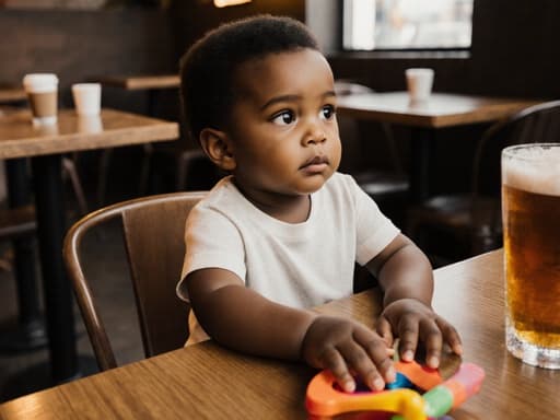 아늑한 카페 테이블에 앉아 있는 1세 남자 아기, 흑인 아기가 편안한 티셔츠와 반바지를 입고 장난감을 손에 들고 주위를 지루한 표정으로 바라보는 모습의 반신 사진. 배경은 테이블과 다양한 음료가 놓인 따뜻한 카페 내부로, 편안한 분위기를 연출합니다.