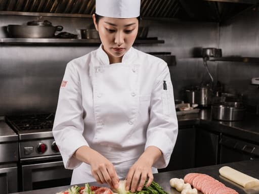 10대 후반의 아시아계 여성 셰프가 전문 주방에서 음식 재료를 점검하고 있습니다. 세련된 셰프 유니폼을 입고 있으며, 진지한 표정으로 그릴 앞에서 자신의 작업 공간을 주의 깊게 청소하고 있는 모습이 음식 품질 관리에 대한 헌신을 강조합니다.