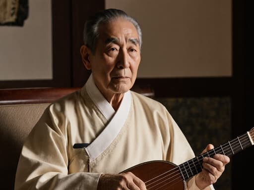 자연스러운 외모를 지닌 70대 혼혈 남성이 간편한 한복 상의를 입고 아늑한 거실에 앉아 있습니다. 그는 전통 악기를 손에 가볍게 쥐고 음악을 감상하며 몸을 살짝 앞으로 기울이고 평온한 표정을 짓고 있습니다.