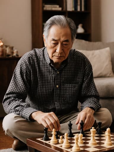 70대 아시아계 남성이 자연스러운 은발을 하고, 아늑한 거실 바닥에 앉아 있는 반신 샷입니다. 그는 편안한 체크무늬 셔츠와 면바지를 입고 있으며, 걱정스러운 표정으로 체스판을 바라보며 체스말을 손으로 조작하고 있습니다. 배경에는 소파와 책장이 있어 따뜻한 분위기를 더욱 강조하며, 전략적 사고의 주제를 잘 드러내는 초대하는 환경을 만들어냅니다.
