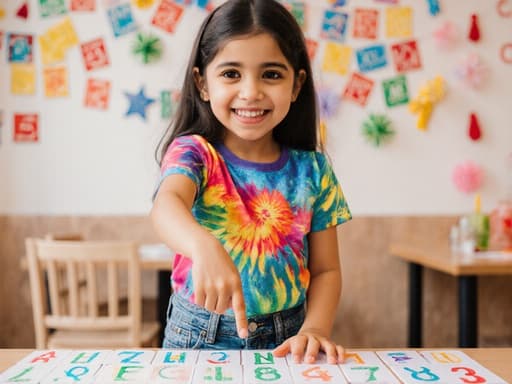 7세의 중동계 여성 어린이가 귀엽고 자연스러운 외모를 가지고, 화사한 티셔츠와 청바지를 입고 밝게 웃으며 알파벳 카드를 가리키며 인사하는 모습의 반신 사진. 아기자기한 인테리어의 카페에서 알파벳 포스터가 장식되어 있습니다.