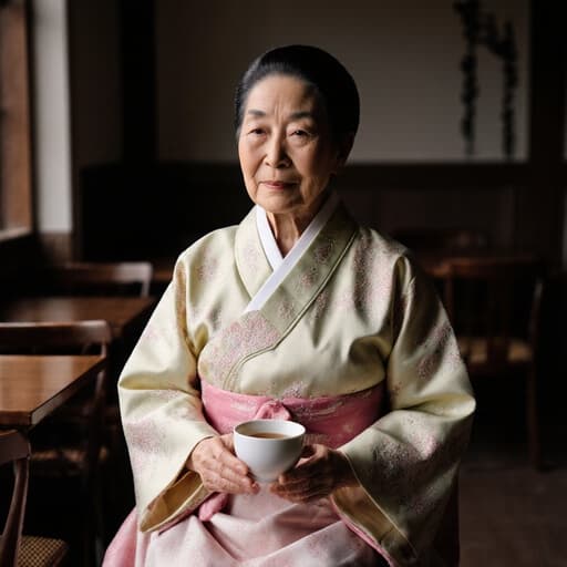 80대 아시아계 여성의 차분한 반신 사진으로, 전통 한복을 입고 아늑한 차 카페에 앉아 차잔을 든 모습이 따뜻한 나무 장식으로 둘러싸여 있습니다.
