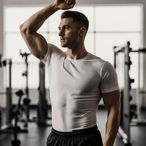 30대 백인 남성이 스타일리시한 운동복과 트레이닝 팬츠를 입고 한쪽 팔을 들어 스트레칭하는 반신 사진. 밝은 트레이닝 공간에 운동 기구가 배치되어 있으며, 그는 고민하는 표정으로 운동에 대해 생각하고 있는 모습입니다. 전체적인 분위기는 활기차고 동기부여가 되는 느낌입니다.