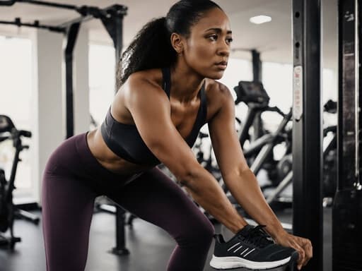 30대 흑인 여성이 세련된 운동복을 입고 운동 기구를 사용하며 자세를 조절하고 있는 모습의 반신 사진입니다. 걱정스러운 표정을 짓고 있으며, 다양한 운동 기구가 배치된 활기찬 체육관 환경에서 촬영되었습니다.