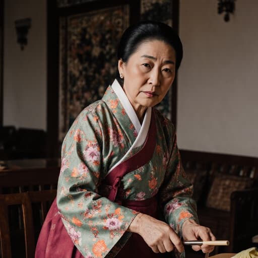 50대 중동계 여성의 반신 사진으로, 자연스러운 외모를 지닌 전통 한복 스타일의 의상을 입고 있습니다. 그녀는 피곤하지만 진지한 표정을 하고 있으며, 상담실에서 청소 도구를 들고 청소하는 자세를 취하고 있습니다. 배경은 전통적인 장식이 있는 한의원의 대기실로, 문화적인 장식들이 분위기를 더하고 있습니다. 전체 이미지는 여성의 헌신과 열심히 일하는 모습을 평화롭고 문화적으로 풍부한 환경에서 잘 담고 있습니다.