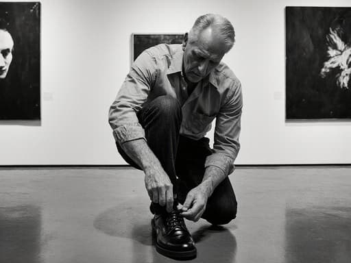 이 이미지는 세련된 외모를 가진 60대 백인 남성이 예술가 느낌의 간편한 셔츠와 청바지를 입고 있는 모습을 보여줍니다. 그는 신발을 신기 위해 발을 들어 올리며, 신발끈을 조작하는 집중된 표정을 짓고 있습니다. 배경은 현대 미술 전시실로, 다양한 현대 작품들이 어우러져 있습니다.